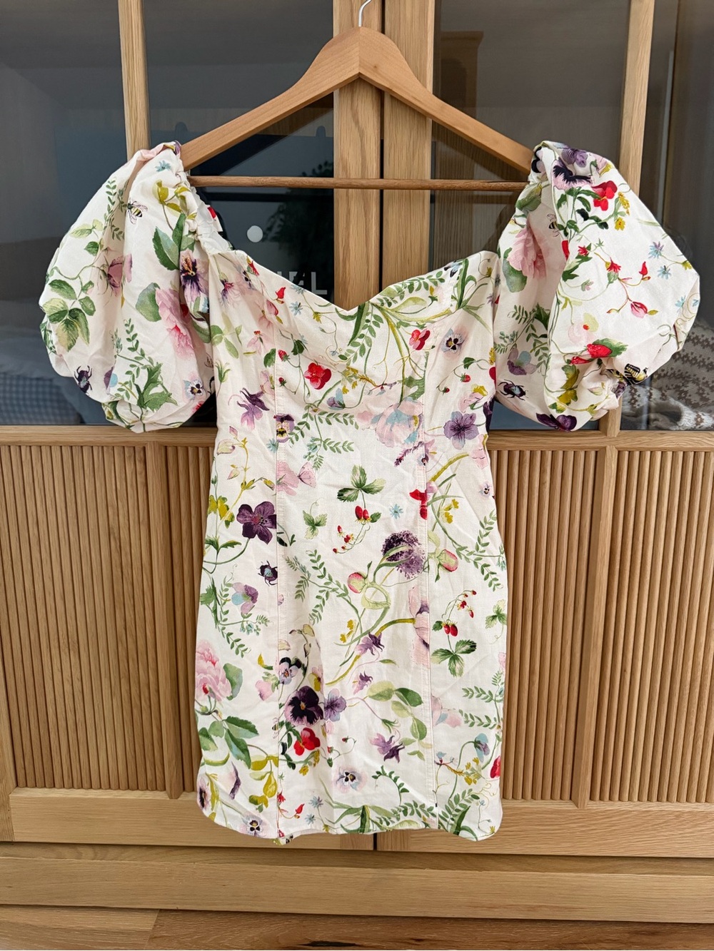 Floral Puff-Sleeve Mini Dress - Ivory with Multicolor Blooms